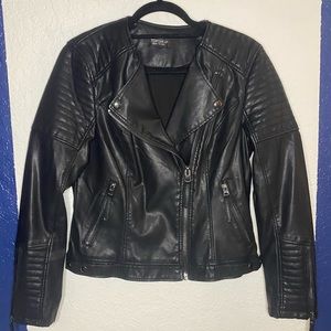 Topshop Black Leather Moto Jacket with Asymmetrical Zipper